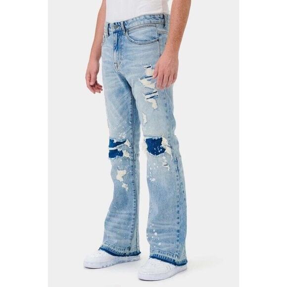 First Row Denim Knee Destroyed Slim Flare Jeans Men’s 32x33 Distressed Repaired - Picture 2 of 14